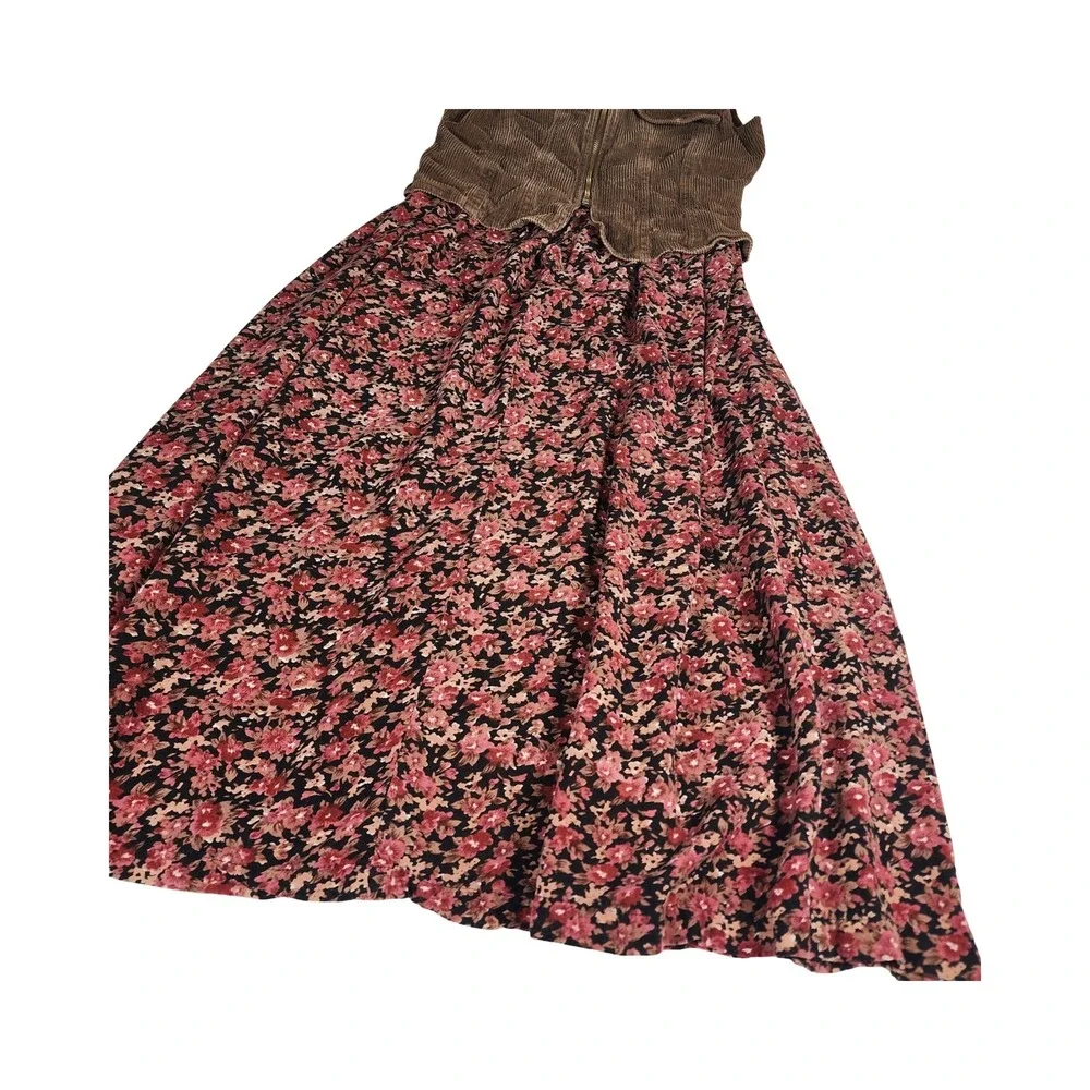 S. Roberts Vintage 90s Corduroy Floral Mixed‎ Midi Dress Brown Pink Friends 5/6